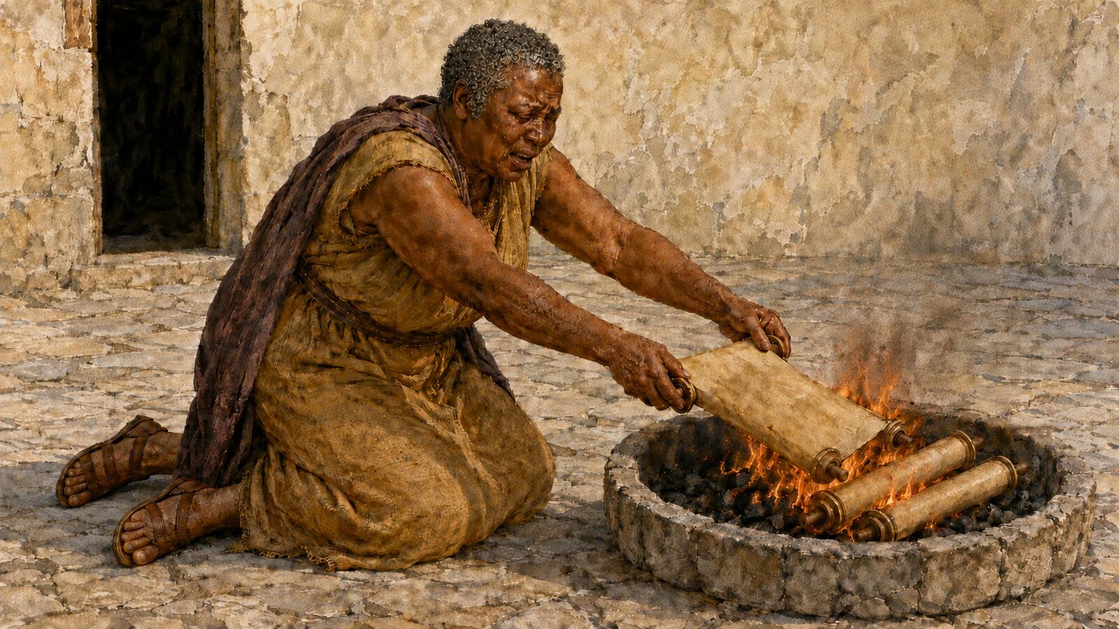 A grieving Ephesian woman burns her magic-book scrolls after confession
