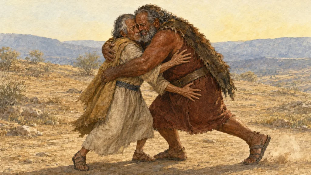 Esau runs to embrace Jacob as the elderly twin brothers weep in Genesis 33