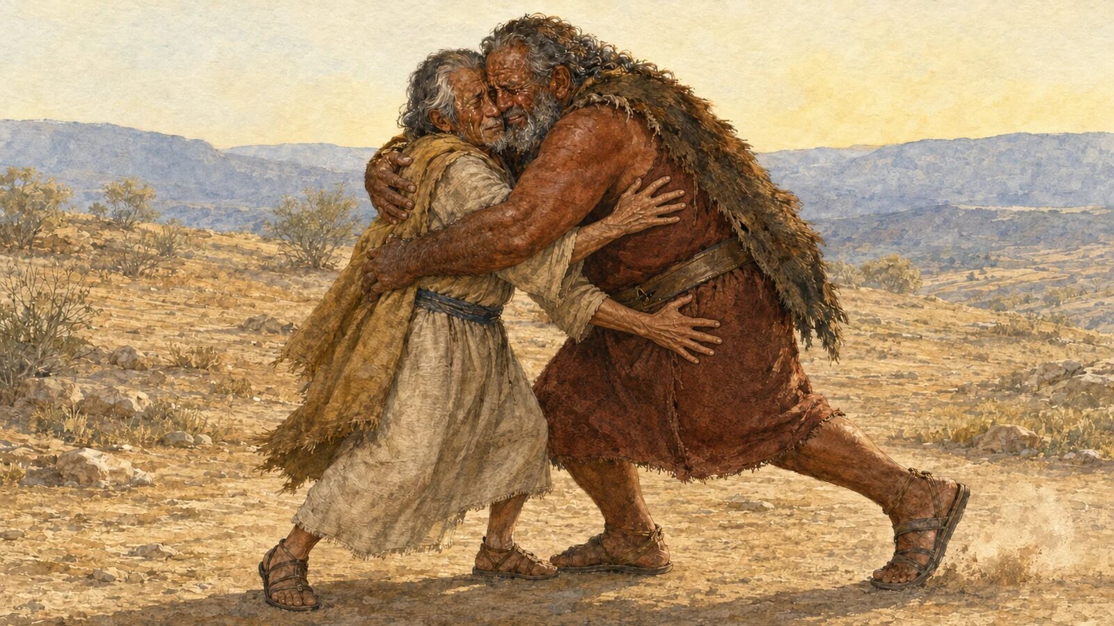 Esau runs to embrace Jacob as the elderly twin brothers weep in Genesis 33