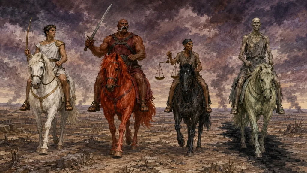 The four horsemen advance on white, red, black, and pale horses with bow, sword, scales, and Death
