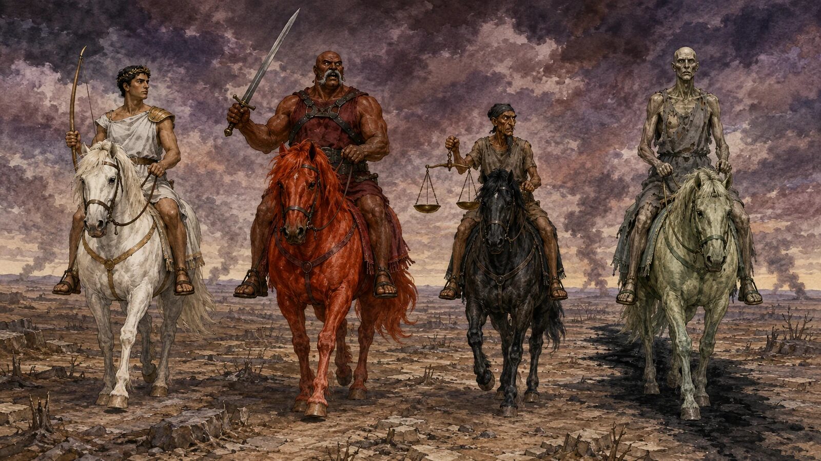 The Four Horsemen Advance in Order The four horsemen advance on white, red, black, and pale horses with bow, sword, scales, and Death