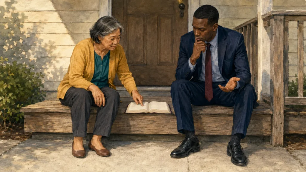 A Christian and Jehovahs Witness visitor study the Bible together with grace