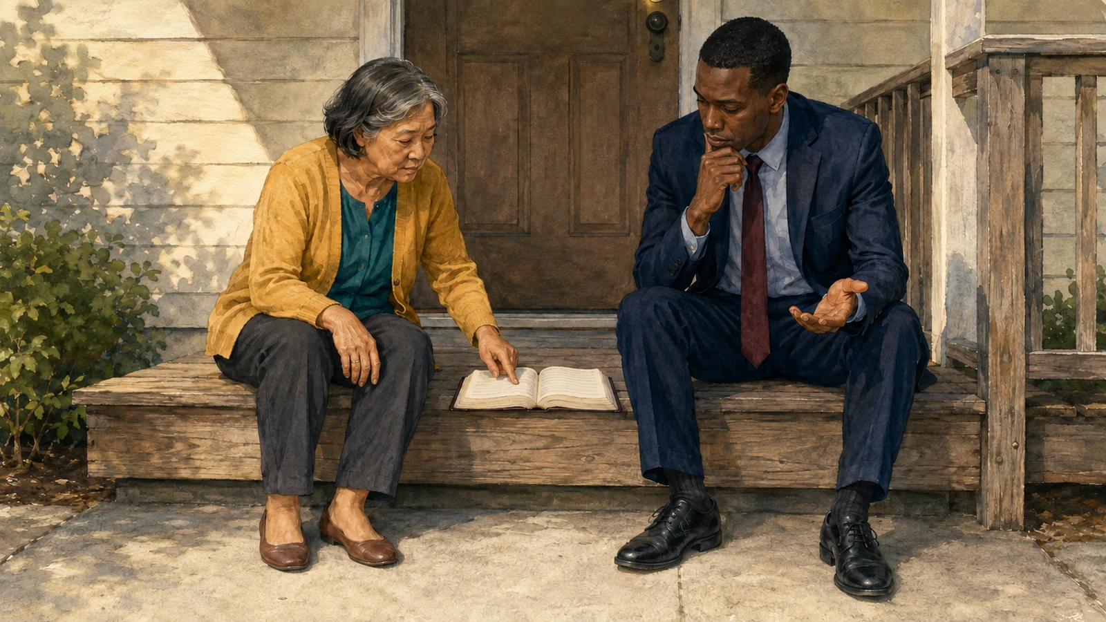 A gracious conversation centered on Scripture A Christian and Jehovahs Witness visitor study the Bible together with grace