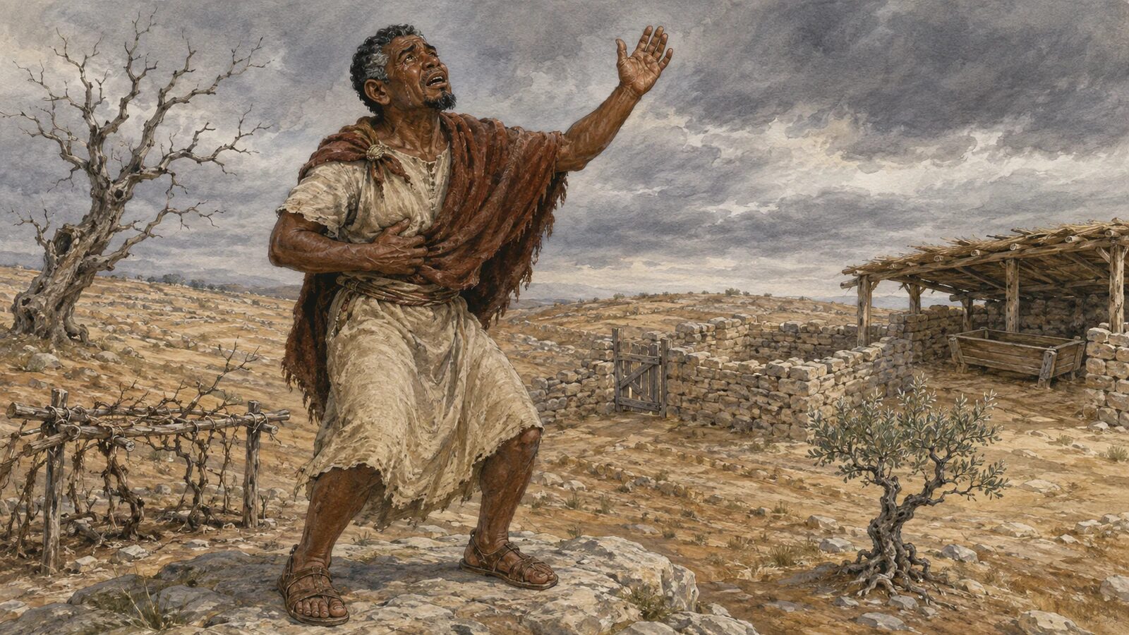Habakkuk rejoices amid a failed harvest Habakkuk trembles yet raises his hand to God beside failed crops and empty livestock enclosures