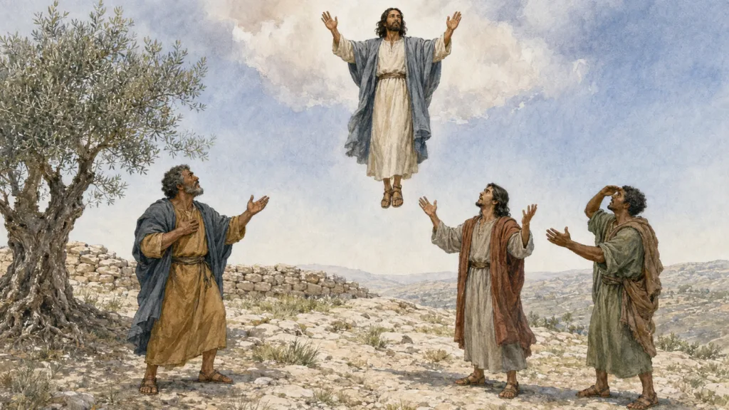 Jesus ascends while blessing disciples who watch with worship and joy near Bethany