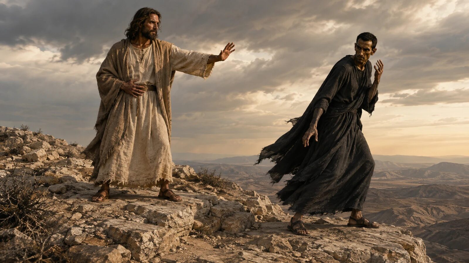 Jesus Commands Satan Away in the Wilderness Fasting-worn Jesus commands the tempter away on a high wilderness ridge