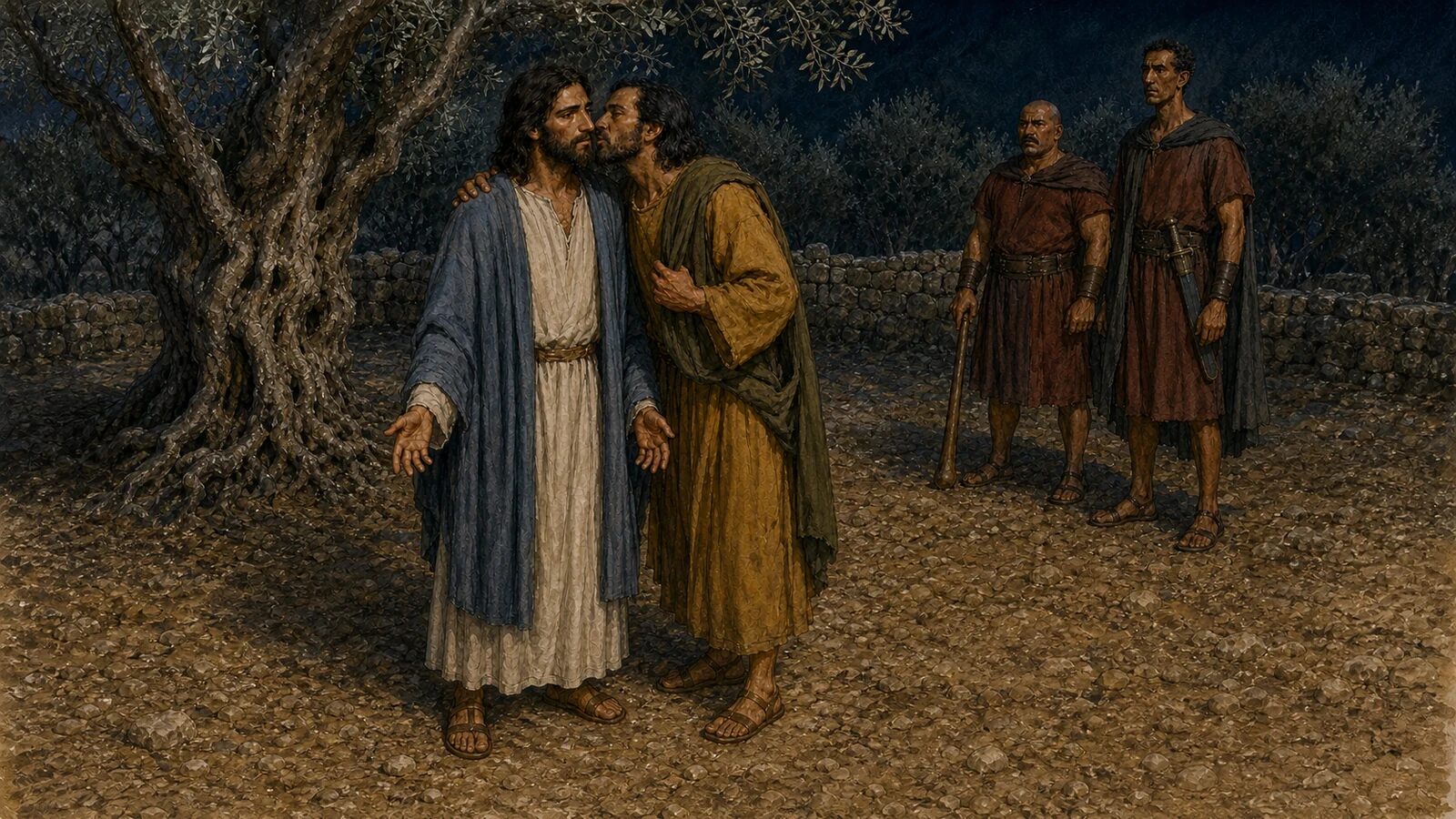 Judas betrays Jesus with a kiss Judas identifies Jesus with a kiss in Gethsemane while two armed retainers wait behind