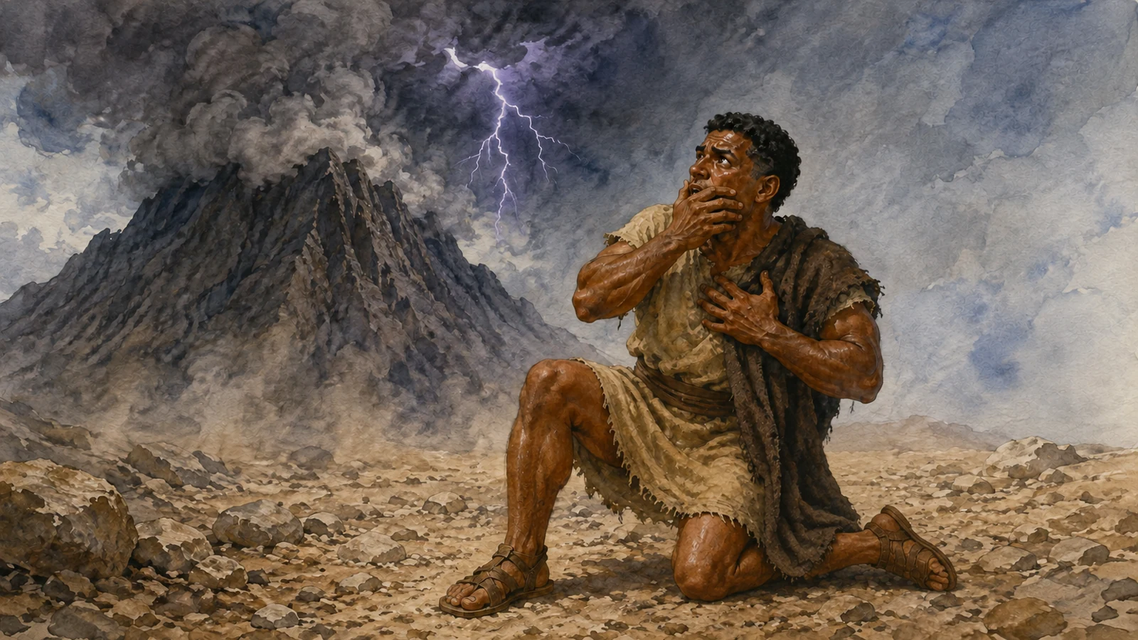 An Israelite kneels in awe before smoke covered Mount Sinai