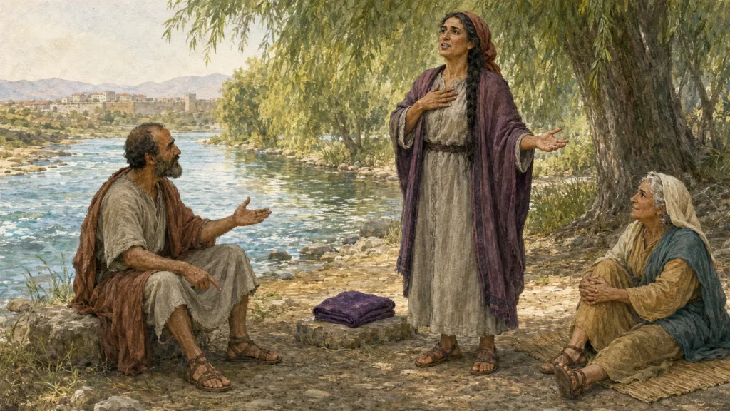 Lydia rises in conviction as Paul teaches women beside the river outside Philippi