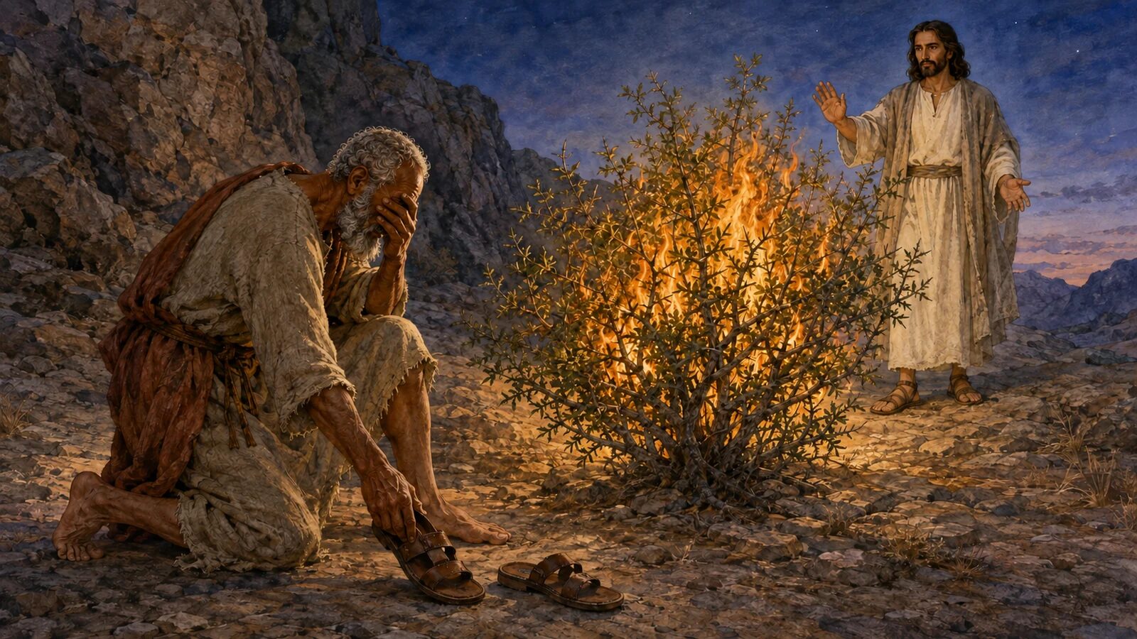 Moses Encounters the LORD at the Burning Bush Moses removes his sandals before the Angel of the LORD at the unconsumed burning bush