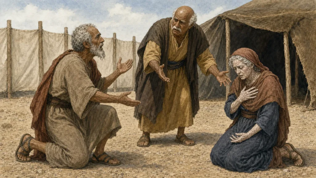 Moses cries to God for Miriam as Aaron pleads after the judgment in Numbers 12
