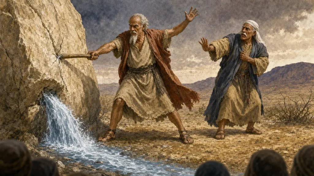 Moses strikes the rock at Kadesh as water pours out and Aaron recoils in alarm