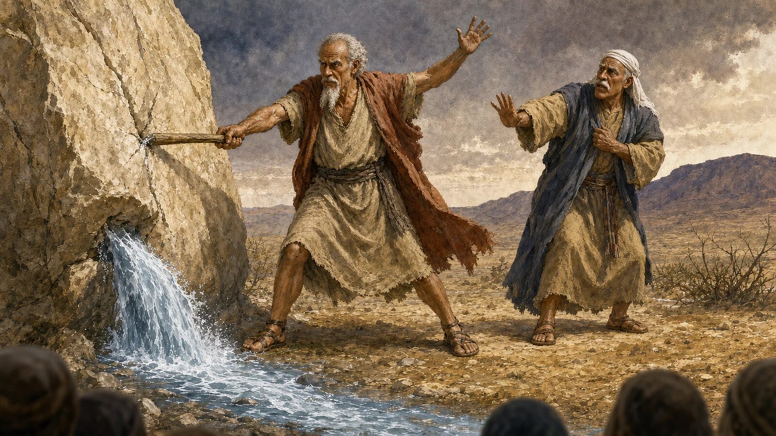 Moses Strikes the Rock at Kadesh Moses strikes the rock at Kadesh as water pours out and Aaron recoils in alarm