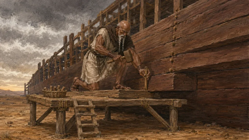 Elderly Noah drives a wooden peg into the unfinished ark before the Flood