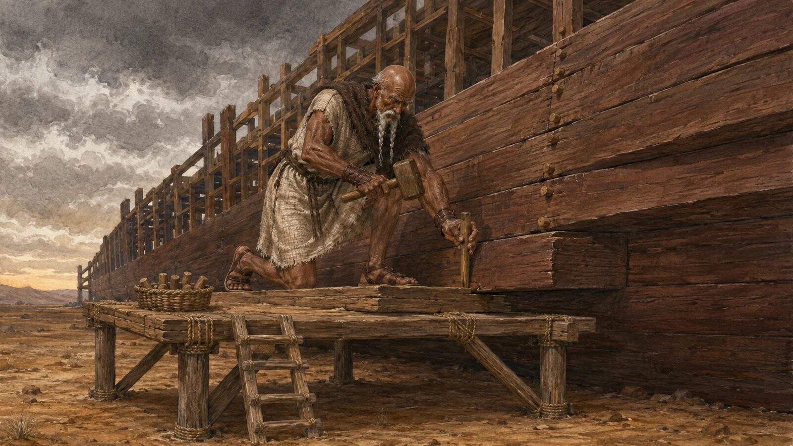 Elderly Noah drives a wooden peg into the unfinished ark before the Flood