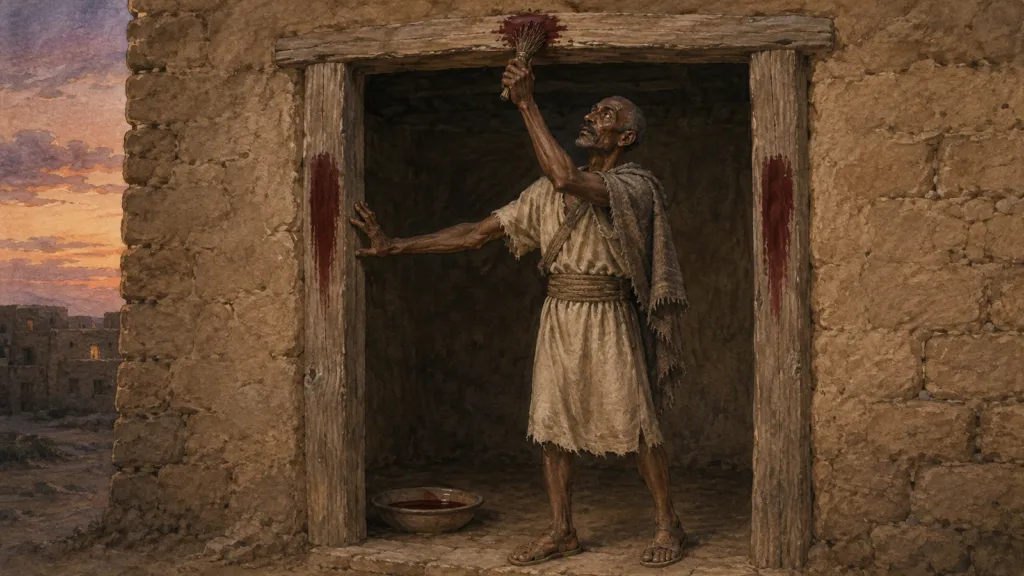 An Israelite uses hyssop to mark his doorway for Passover