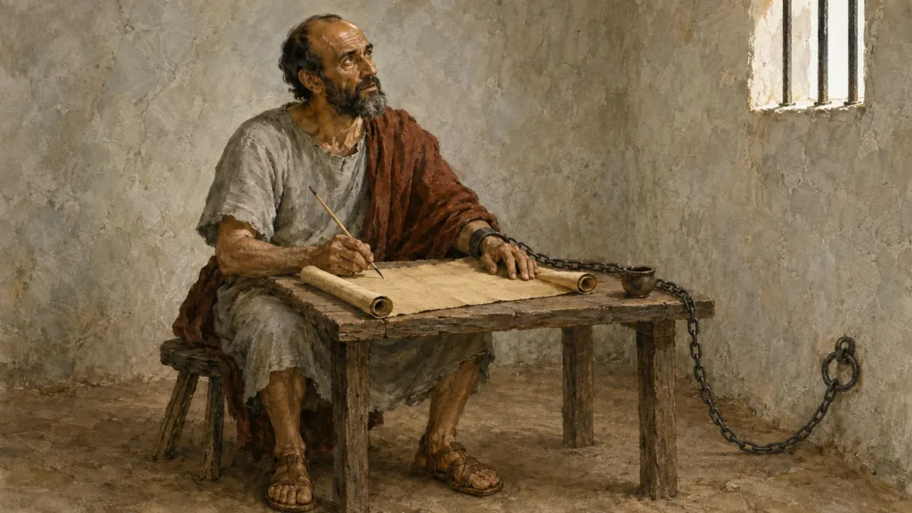 Paul pauses over his letter while chained in a first-century room