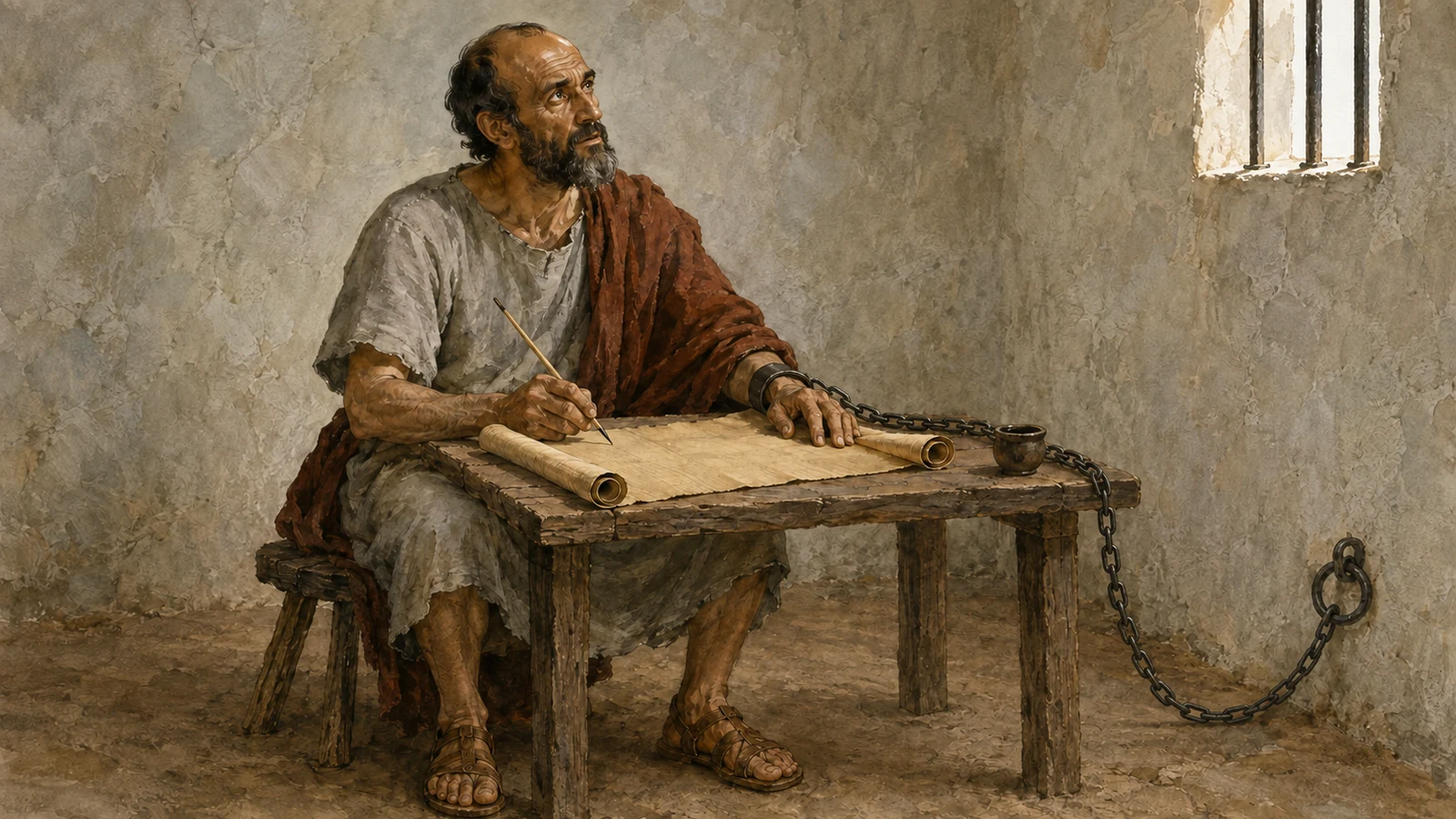 Paul pauses over his letter while chained in a first-century room