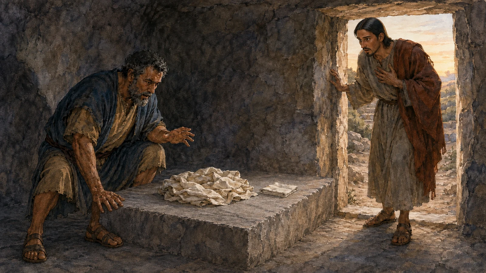Peter and John see the linen cloths inside Jesus empty tomb