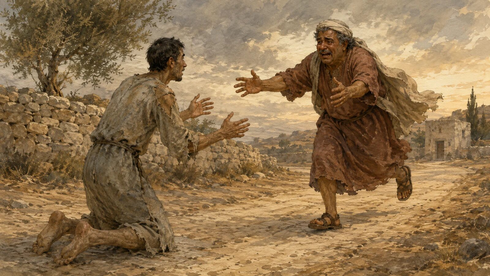 The Father Runs to His Returning Son The father runs toward his kneeling returning son in Jesus parable