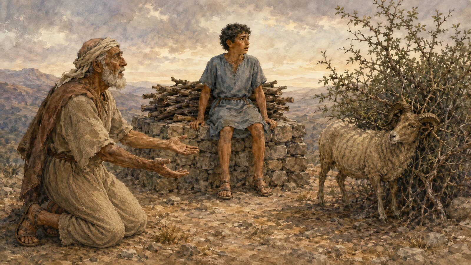 Abraham and Isaac see the ram God provided caught in a thicket