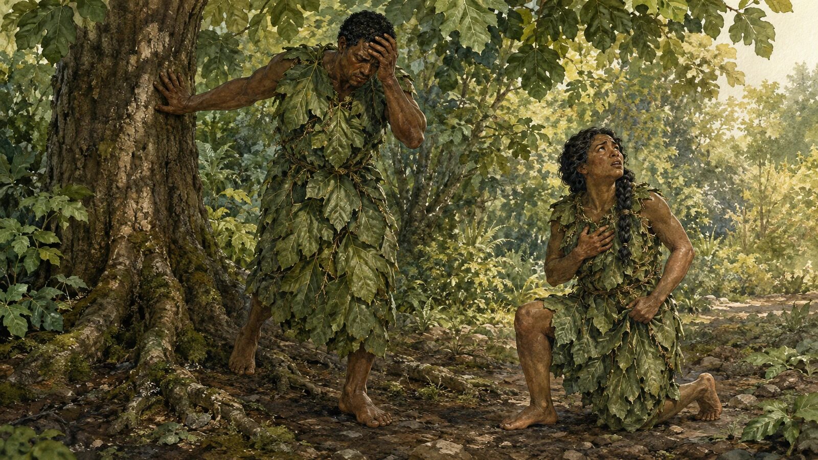 Adam and Eve hide among the garden trees after sin