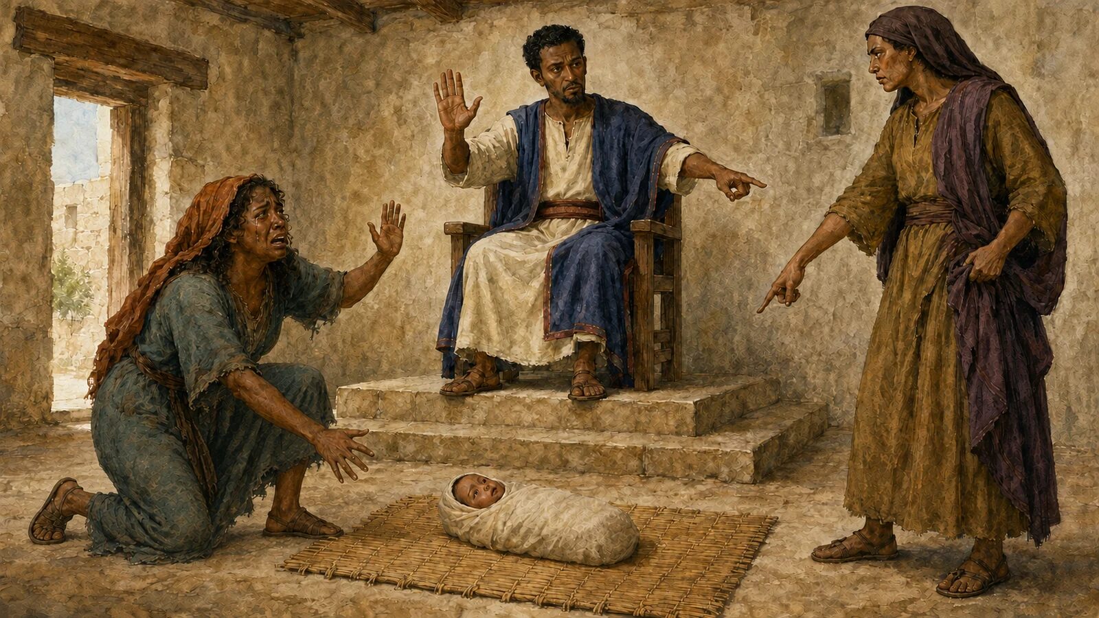 Solomon recognizes the true mother as she pleads for her child