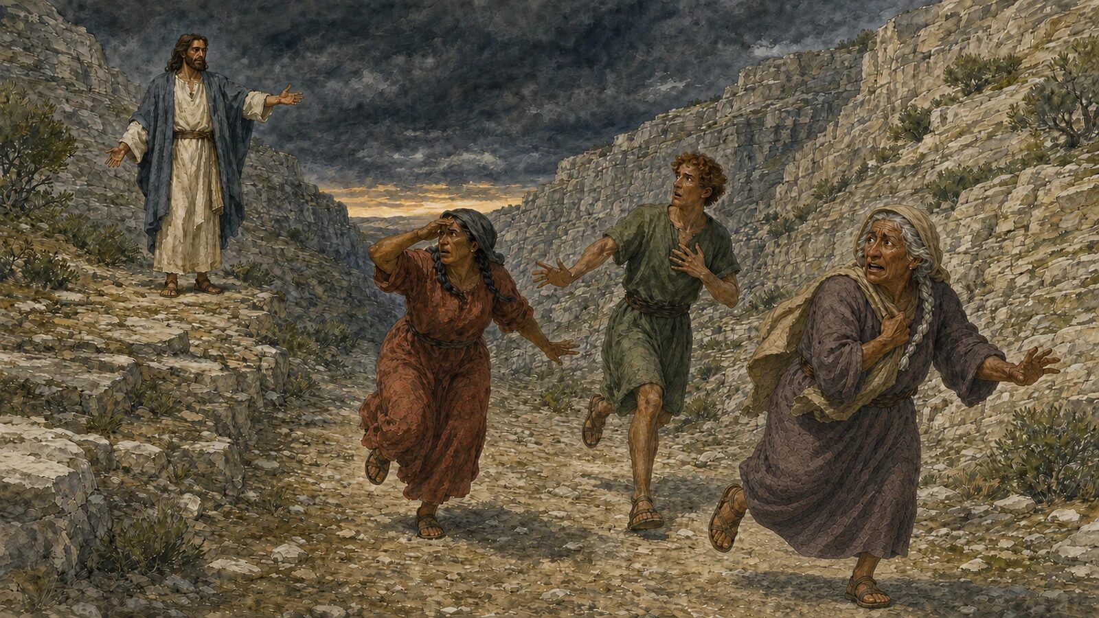 Jesus stands on the split Mount of Olives as three Jerusalem survivors flee through the opened valley