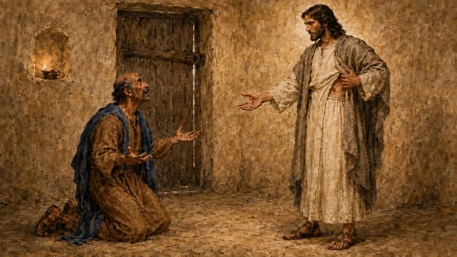 Thomas Confesses the Risen Jesus as Lord and God Thomas kneels before the bodily risen Jesus and confesses Him as Lord and God