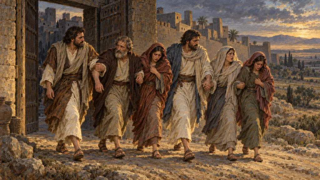 Classical oil painting of the angels leading Lot and his family out of Sodom at dawn