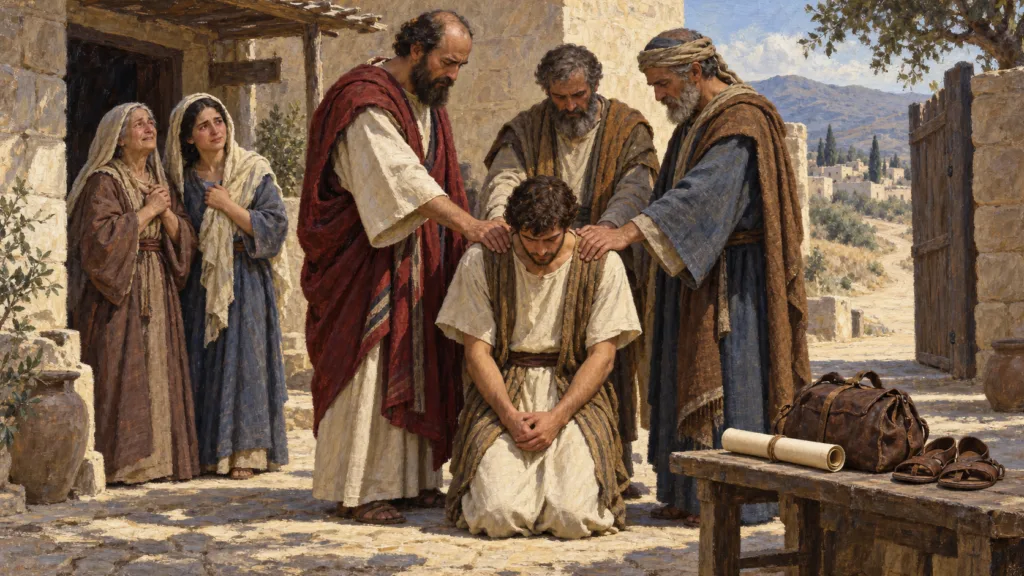 Paul and two elders commissioning young Timothy as Lois and Eunice watch, painted in classical oil on canvas