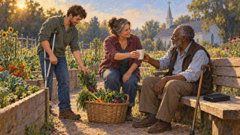Christians using strength food rest and assistance to care for one another, painted in classical oil on canvas