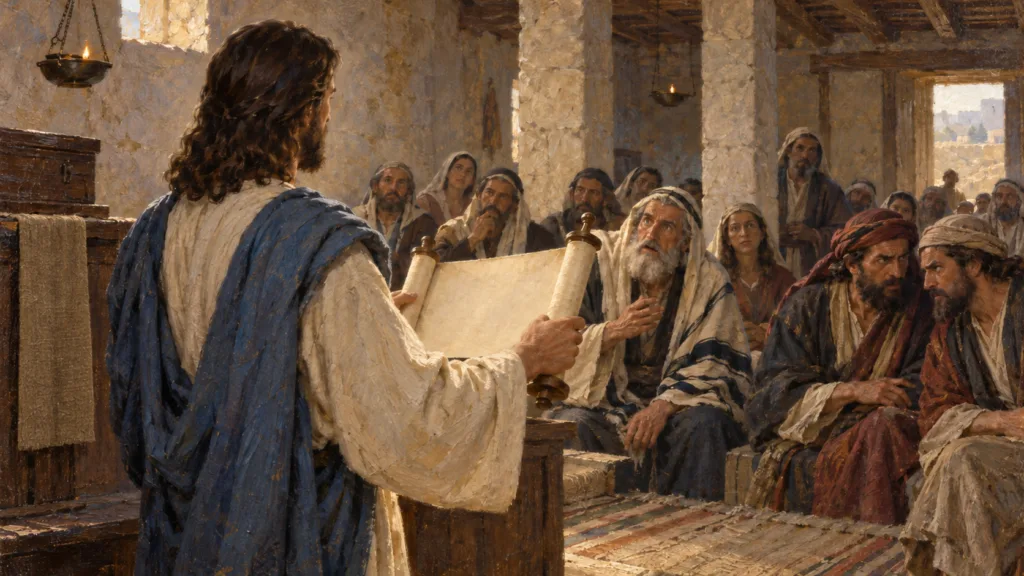 Jesus holding Isaiahs scroll as the Nazareth congregation reacts, painted in classical oil on canvas