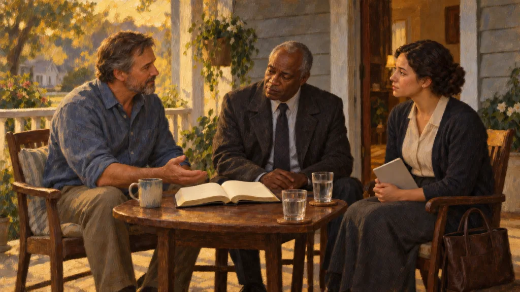 A respectful Scripture conversation with two Jehovahs Witness visitors, painted in classical oil on canvas