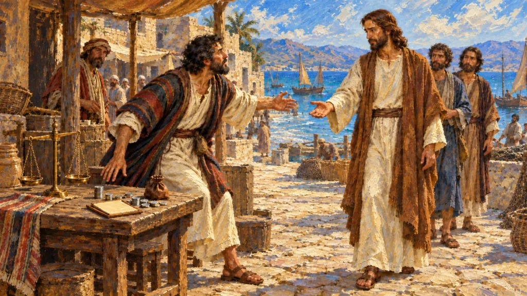 Classical oil painting of Matthew rising from his tax table to follow Jesus.