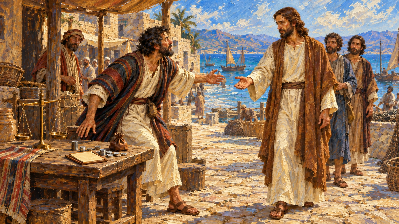 Matthew follows Christ – classical oil painting Classical oil painting of Matthew rising from his tax table to follow Jesus.