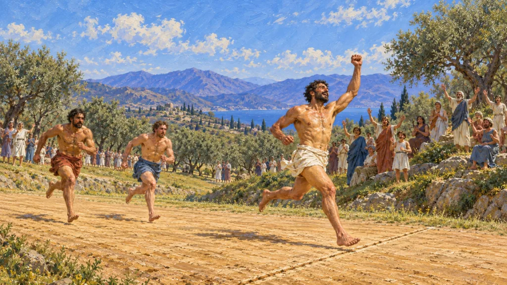 Classical oil painting of an ancient Greek runner celebrating victory as he reaches the finish ahead of two competitors.