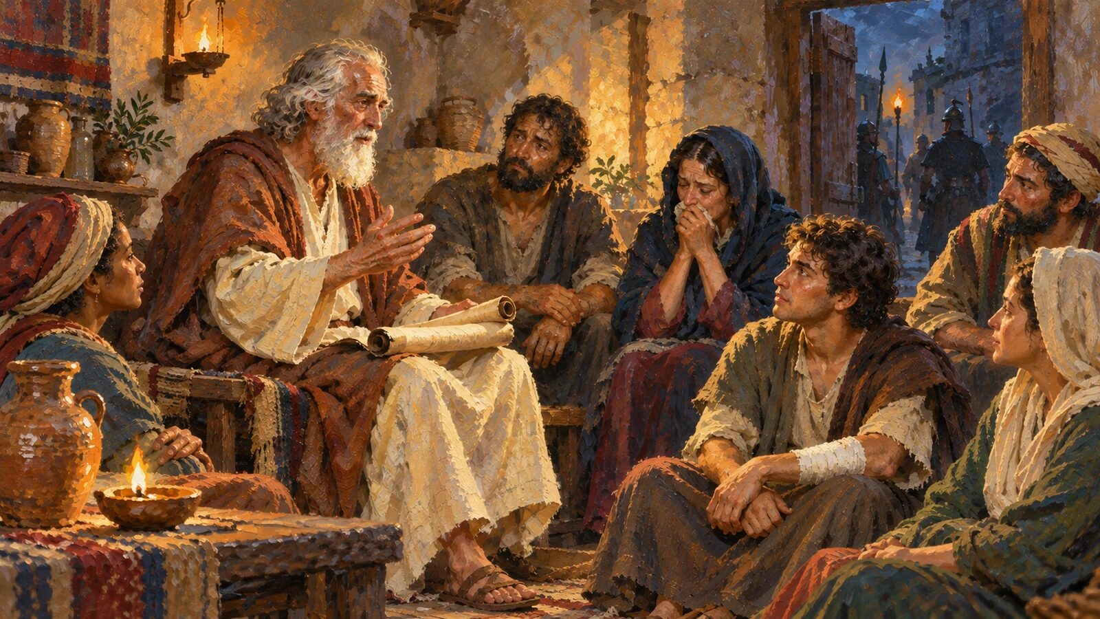 John strengthens overcomers through faith – oil painting Oil painting of the apostle John encouraging suffering believers to trust Christ