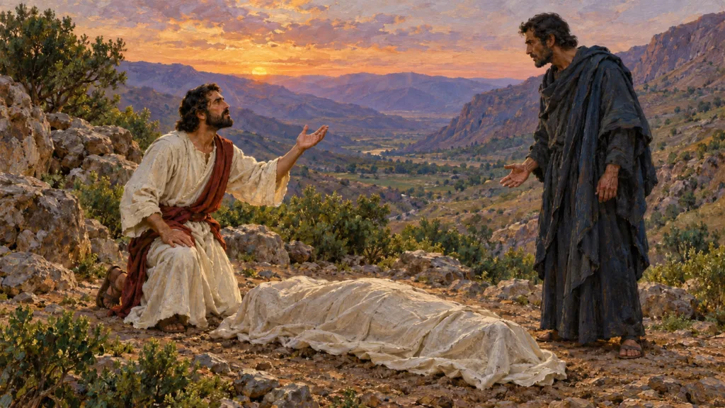 Classical oil painting illustrating Michael appealing to the Lord during the dispute over the covered body of Moses.