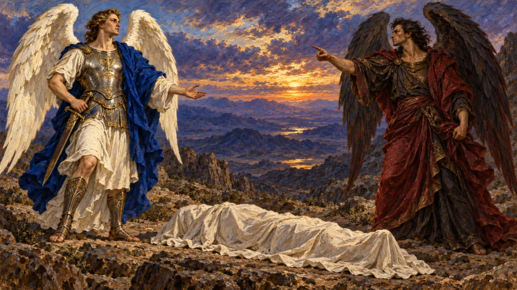 Classical oil painting of Michael as an armored angel warrior confronting Satan beside the covered body of Moses.