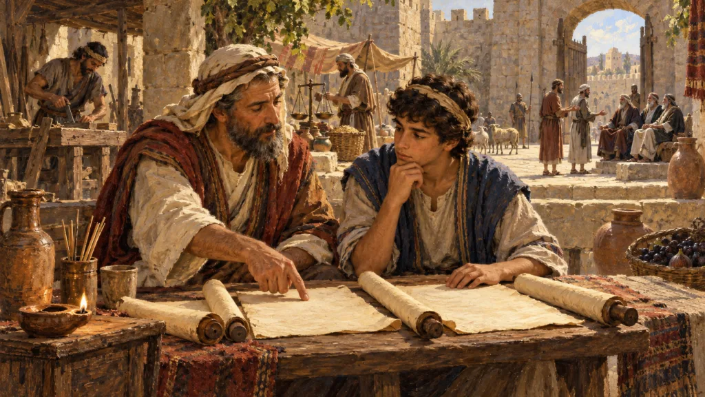 Classical oil painting of a father teaching his son from Proverbs