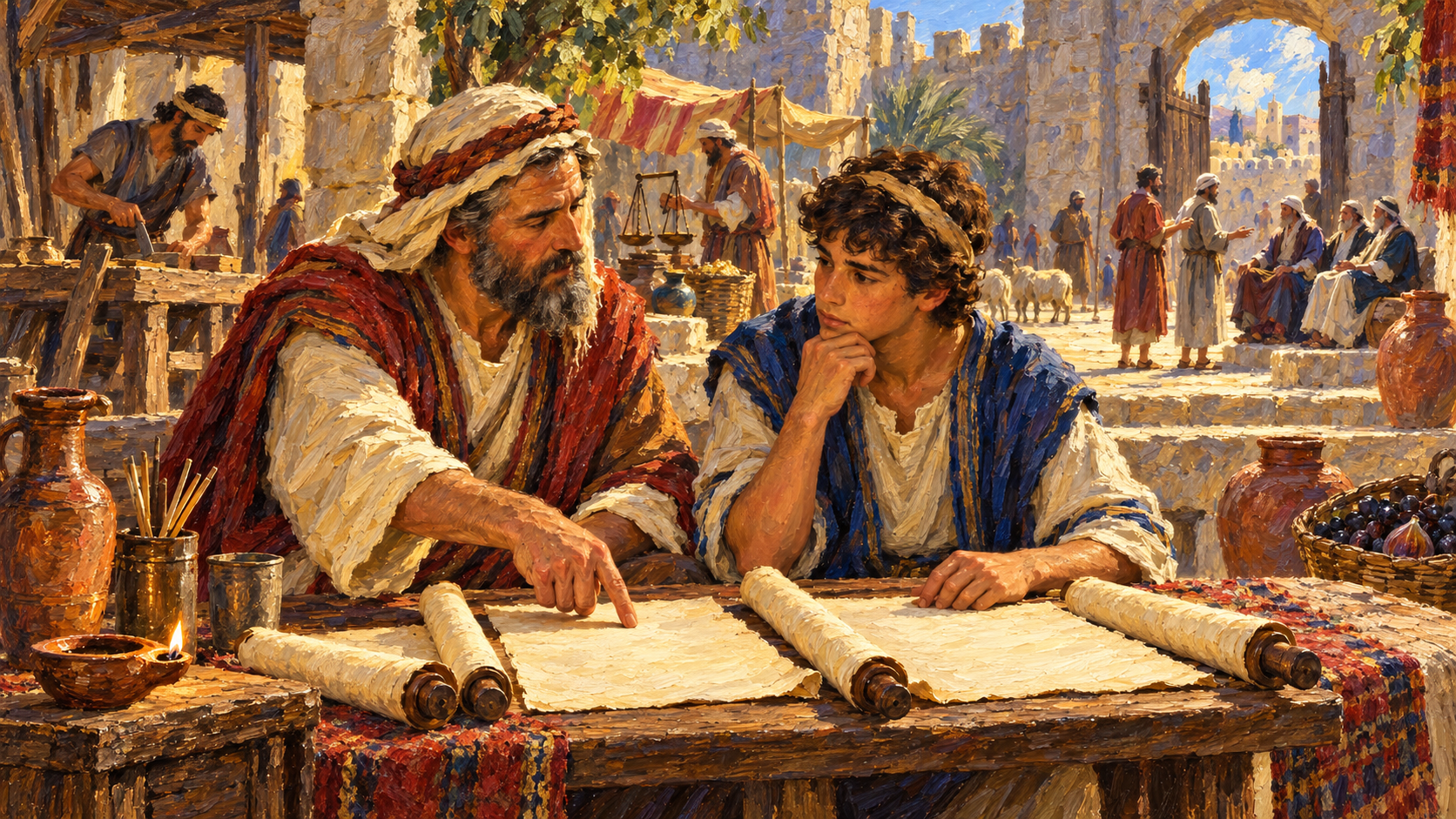Classical oil painting of an elder teaching a thoughtful youth from scrolls in an ancient marketplace.