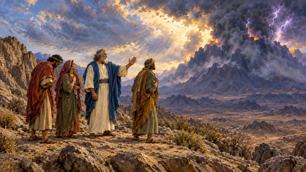 Classical oil painting of Moses reassuring reverent Israelites before the distant smoking Mount Sinai.