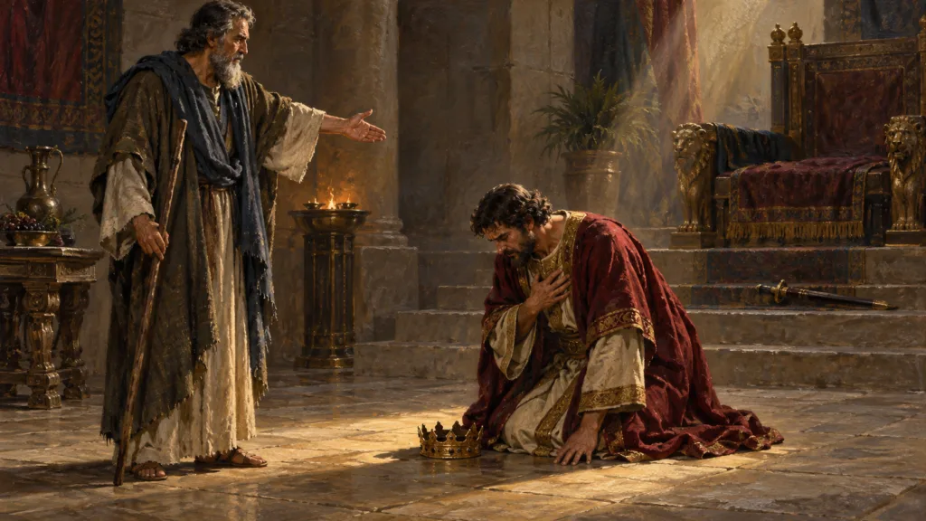 Classical oil painting of Nathan confronting King David in repentance