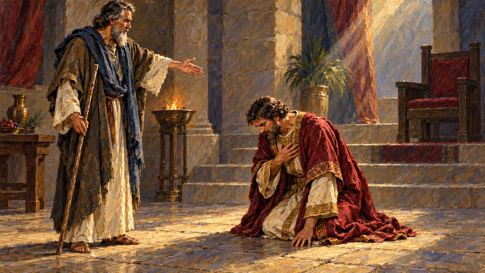 David confesses before Nathan Classical oil painting of King David bowing in confession before the prophet Nathan.