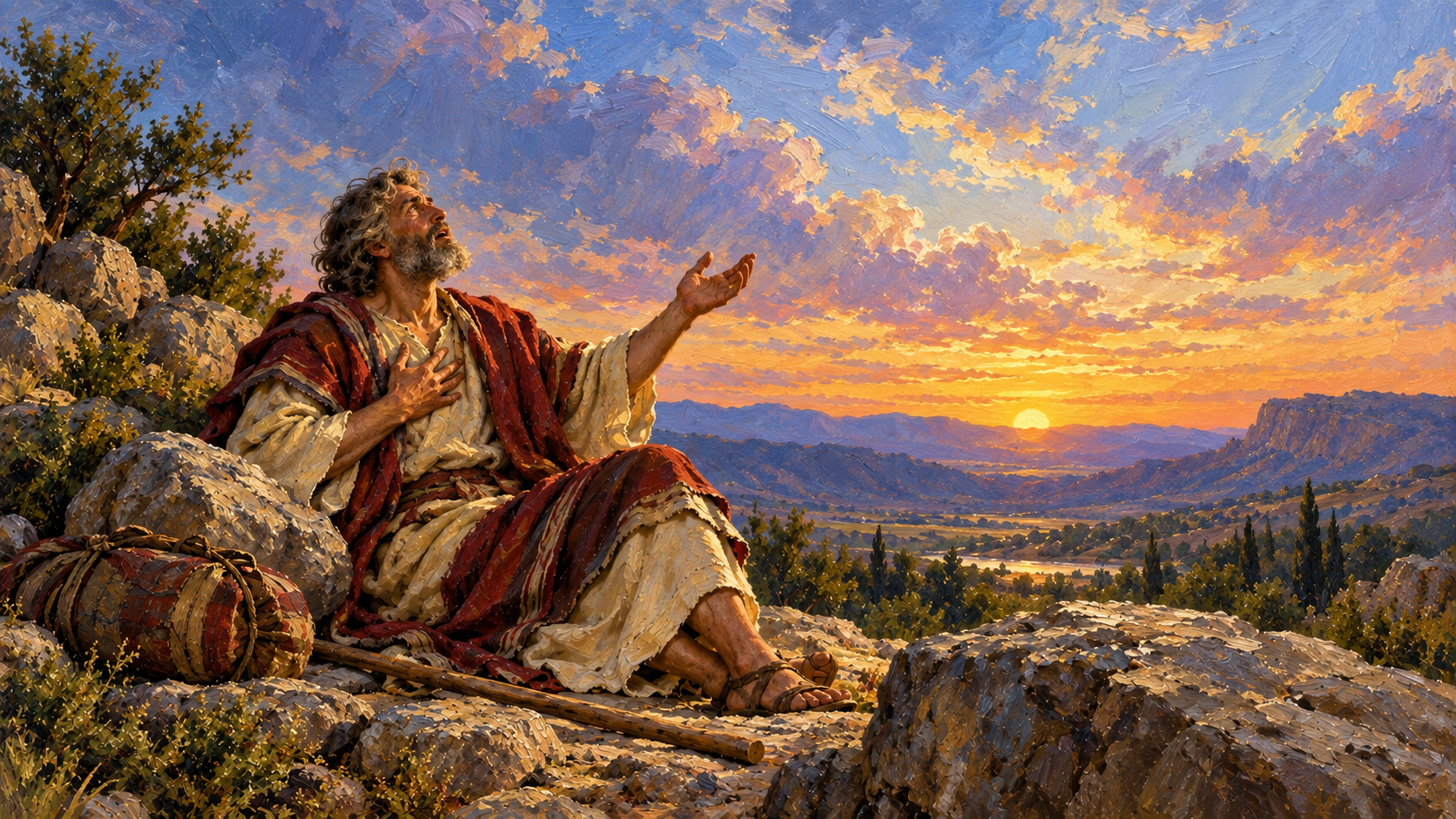 Classical oil painting of Jacob responding in awe after awakening at Bethel.