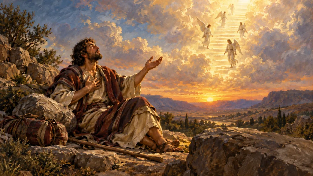 Classical oil painting of Jacob awakening in wonder at Bethel