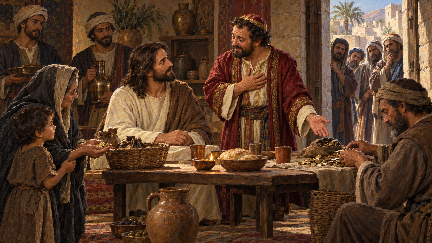 Zacchaeus welcomes Jesus and pledges restitution Classical oil painting of Zacchaeus promising restitution before Jesus