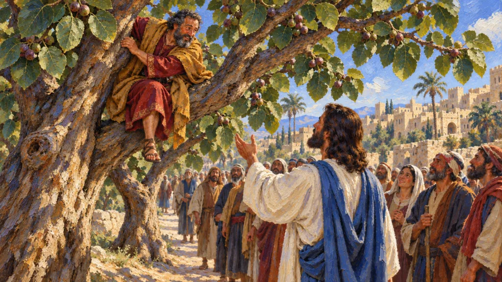 Classical oil painting of Jesus calling Zacchaeus down from a sycamore-fig tree above the crowd.