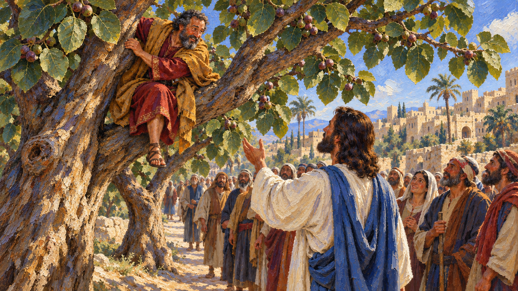 Jesus calls Zacchaeus from the tree Classical oil painting of Jesus calling Zacchaeus down from a sycamore-fig tree above the crowd.